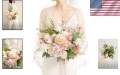 Elegant Blush Pink Wedding Bouquets Bride Silk Roses Gardenia 15 Inch Free Form