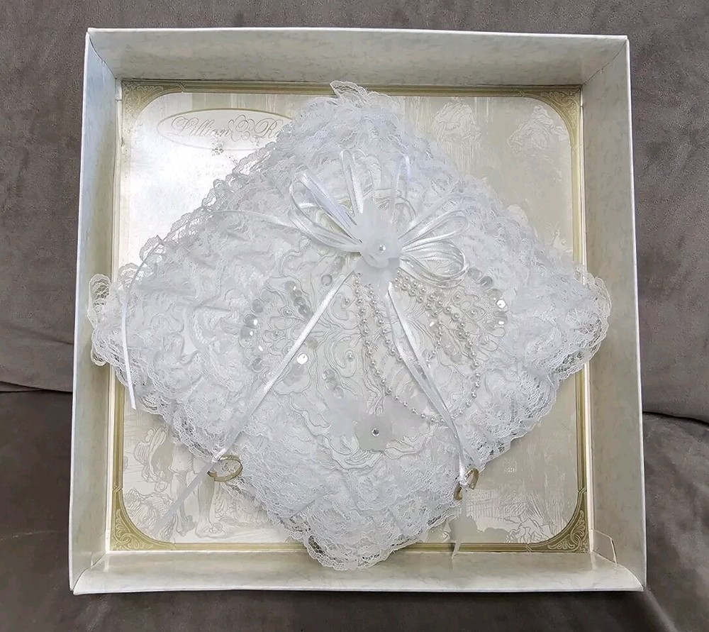 Lillian Rose Ring Bearer Pillow Vtg Layers of Lace Sequins Faux Pearls Ribbons