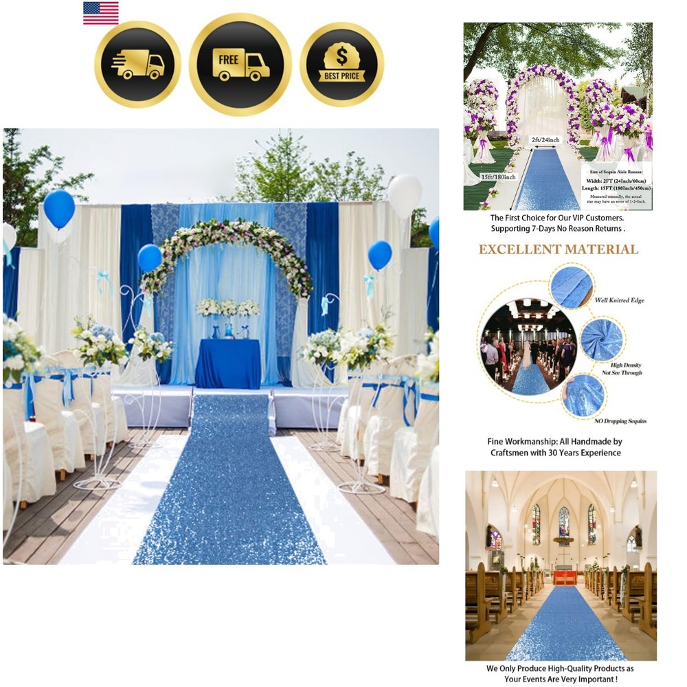 Blue Aisle Runner for Wedding 15FTx2FT Modern Baby Blue Glitter/Sequin Mesh F…