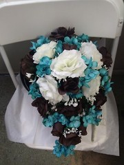 WEDDING SILK BOUQUET WHITE CALA LILY TEAL BROWN & WHITE ROSES RUSH ORDER AVAIL