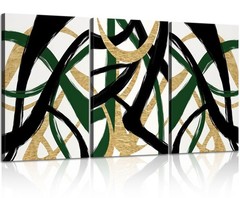 3Pcs Framed work Abstract Lines Canvas Wall Art Modern Black, Green, Gold Geo…