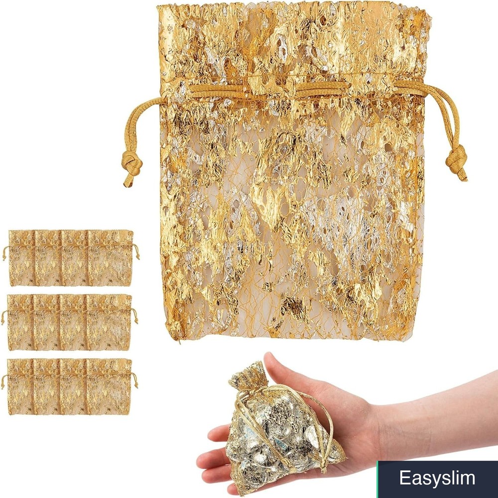 Metallic Gold Organza Drawstring Bags 4 x 5 inches 12 Pack Wedding
