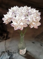7 Handmade Paper Flowers on stems (White w/Purple tips) for Wedding, Valentine’s