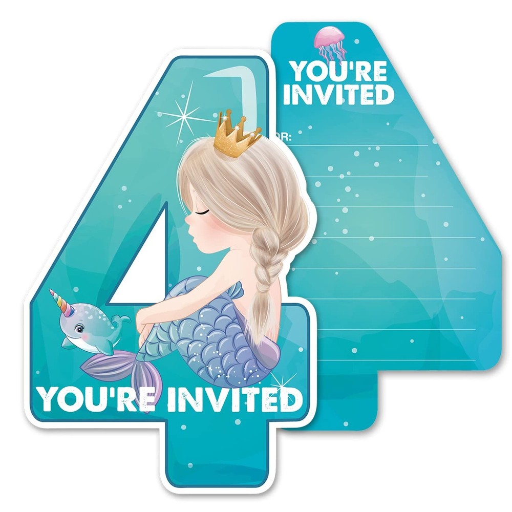 Cute Mermaid 4th Party Invitations with Envelopes, 20 Set Magical Mermaid Fou…