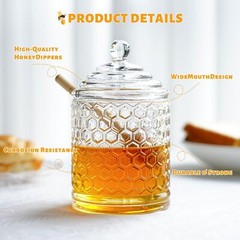 Clear Crystal Honey Pot with Dipper and Lid,Glass Jar Hexagon