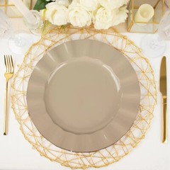 10 TAUPE 11″ Round PLASTIC Salad Dinner PLATES Gold Wavy Rim Wedding Party
