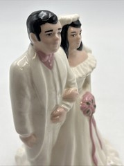 Vtg 1950’s Wedding Cake Topper 7” Bride & Groom Ceramic Iridescent Dress Pink