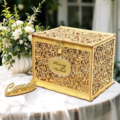 Glittery Gold Wedding Card Box with Lock, Wood Gift Card Box for Wedding Rece…