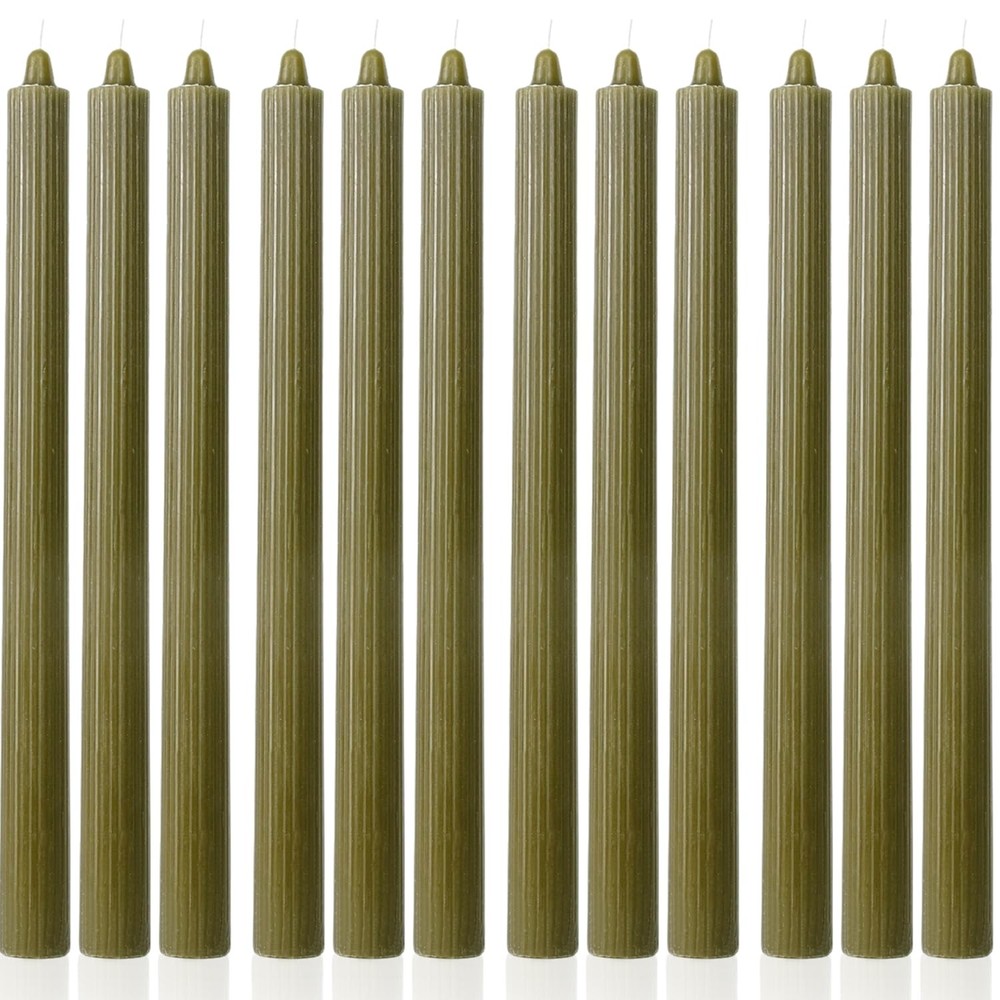 Olive Taper Candles Tall Tapered Candlesticks Set of 12 ribbed-10.6″olive