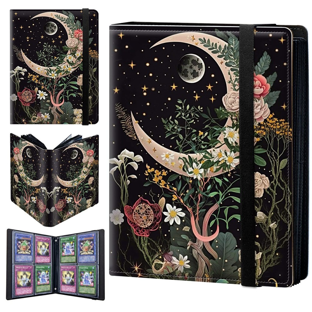 Moon Floral Card Binder 4 Pockets 160 Cards Slot Faux Leather