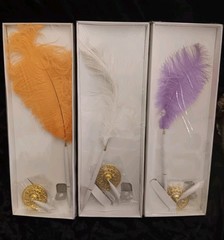 3 New Ballpoint Ostrich Feather Pen Plume Purple Orange White Gold Stand Wedding