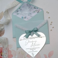 Silver Mirror Acrylic Customized Wedding Invitation with Pale Blue Lace Envelope