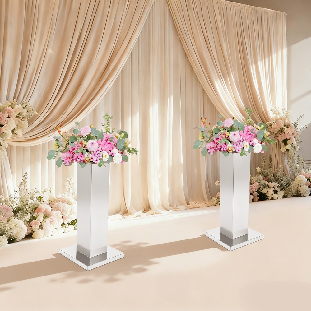 2-Piece Flower Stands Stainless Steel Column Wedding Flower Stand Silver 11*11in
