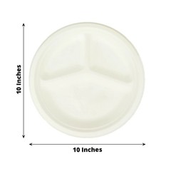 50 Round 10″ White 3-Compartment Sustainable Bagasse Dinner Plates Party Events