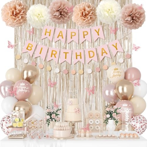 Boho Dusty Birthday Decorations for Women Girls, Blush Beige Gold Metallic Pink