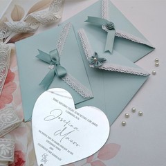 Silver Mirror Acrylic Customized Wedding Invitation with Pale Blue Lace Envelope