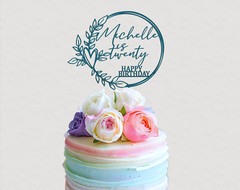 Minimalist Chic Script Wedding Cake Topper, Acrylic Cake Topper w/ Rustic Wreath