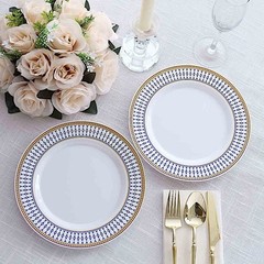 10 WHITE 9″ Round Plastic Salad PLATES NAVY BLUE Chord Rim Party Decorations