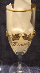 Rawcliffe Bride & Groom Champagne Flutes Pewter Doves Flowers Ribbons Gold