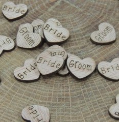 100 Bride and Groom wood hearts rustic wedding, venue decor, confetti, USA