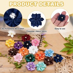 100 Pcs Ribbon Flowers 1.2 in Fabric Flowers with Rhinestones Navy