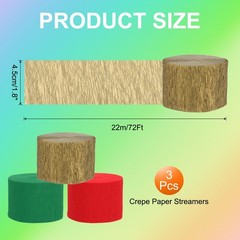 3Roll 1.8″x72FT Crepe Paper Streamers Decorations Gold/Red/Green