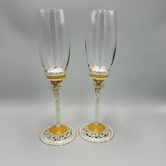 Things Remembered Bride & Groom Wedding Champagne Flute Glasses Set Bows Peals