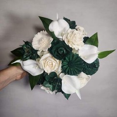 Hunter Green Ivory Rose Calla Lily Sola Wood Bridal Wedding Bouquet Accessories