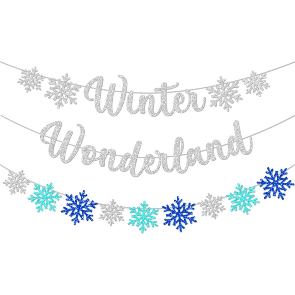3Pcs Winter Wonderland Banners, Glittery Snowflake Banner Christmas Decoratio…