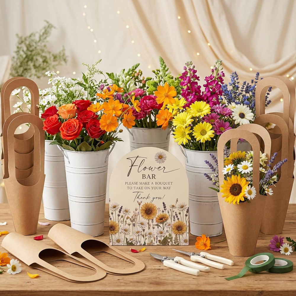 47PCS Flower Bar Buckets Set, Bloom Bar Supplies with Buckets, Wooden Sign, Kraf