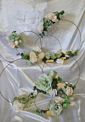 6 Pc Wedding Table Centerpieces, Green, Ivory, Round, Circle, Gold, Wood