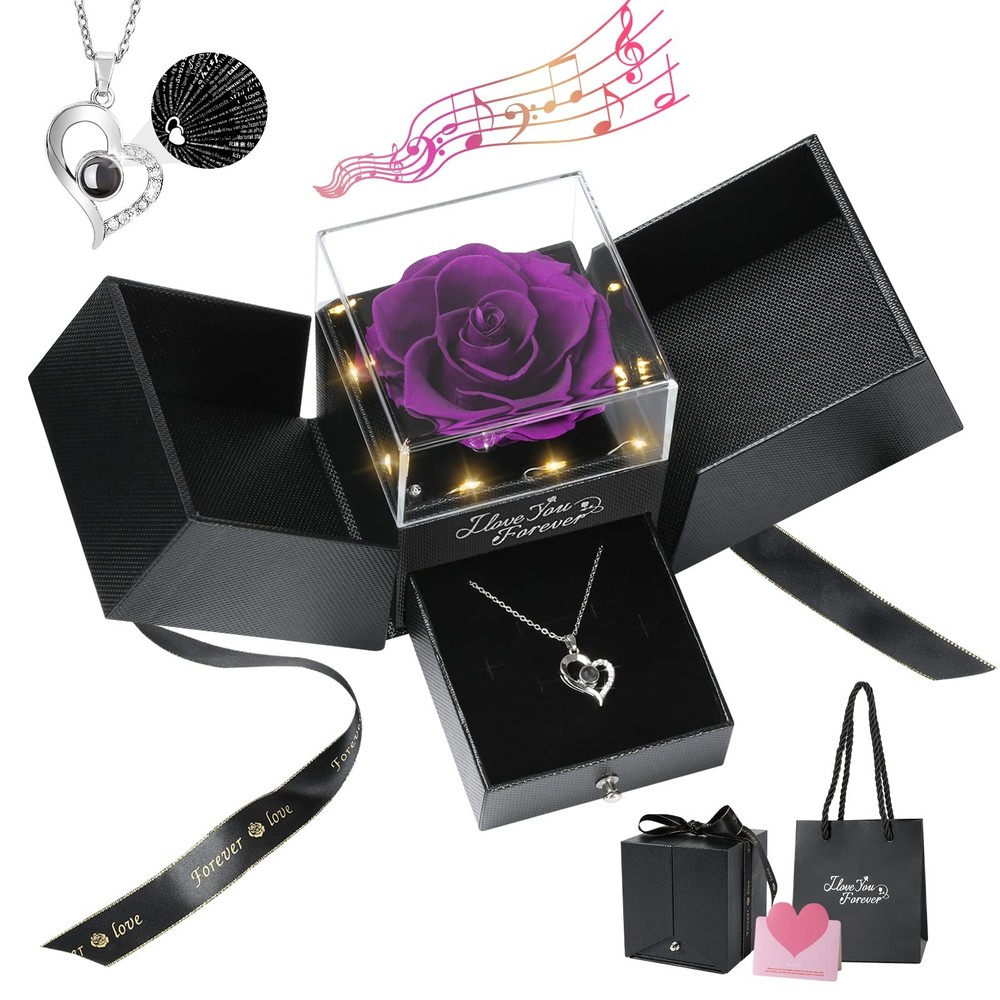 Emibele Preserved Purple Real 11 x 10 x 11 cm, Rose + Copper Necklace