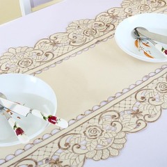 Table Runner Mat Tablecloth Tassel Flower Embroidery Beige Rose 40x150cm