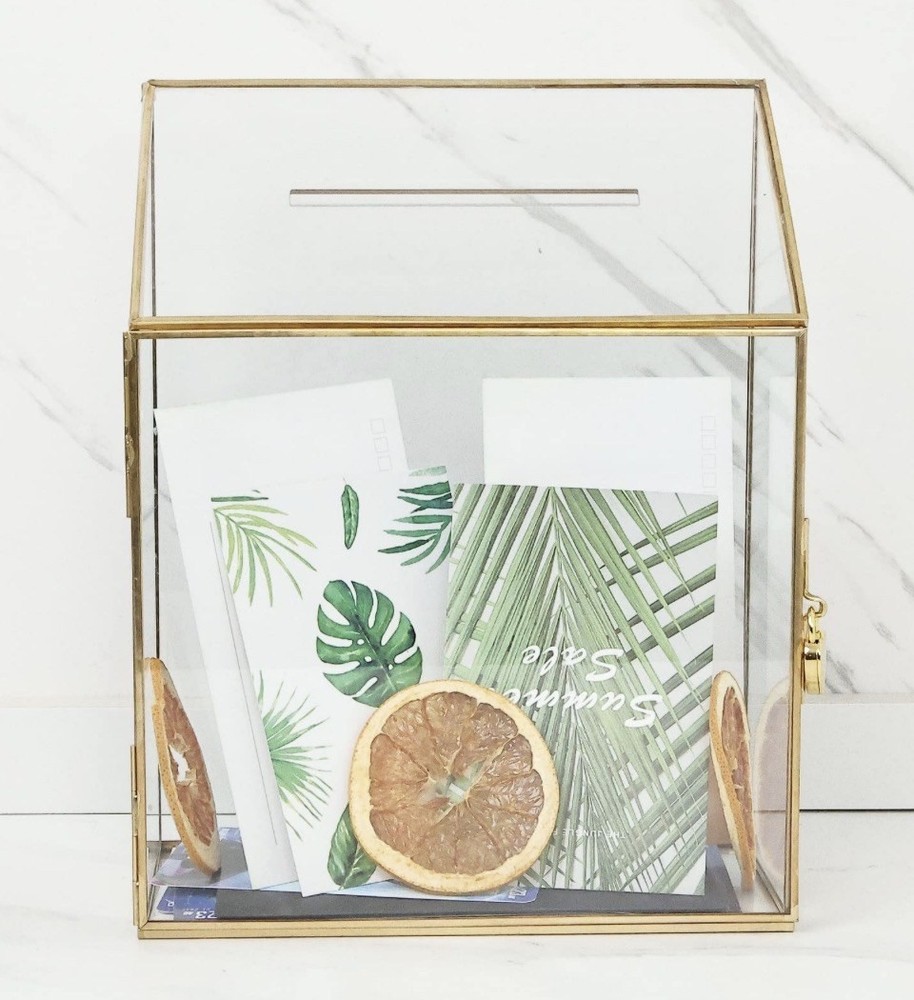 Glass Wedding Card Box Gold Clear Terrarium Lock Slot