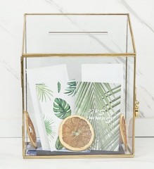 Glass Wedding Card Box Gold Clear Terrarium Lock Slot