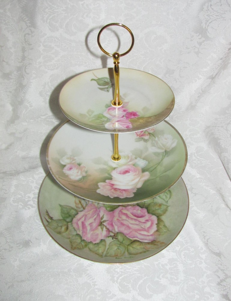 Custom Three Tier Tea Party Cake Stand Made With Vintage Hand Painted Plates