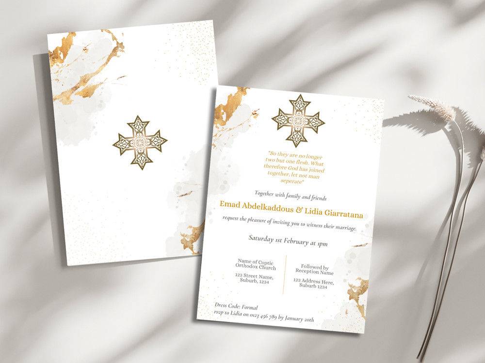 Gold Orthodox Wedding Invitation Template w/ Orthodox Cross & Religious Quote
