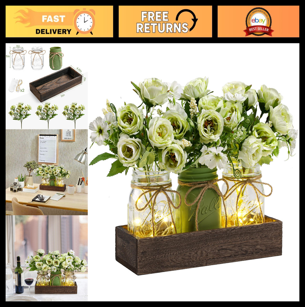 3 Pcs Mason Jar Centerpiece Decor with Wood Tray & LED Lights – Farmhouse Table