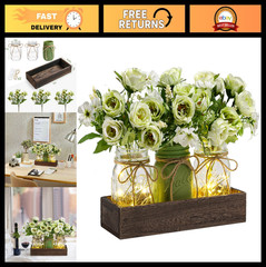3 Pcs Mason Jar Centerpiece Decor with Wood Tray & LED Lights – Farmhouse Table