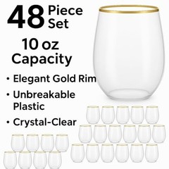 48 piece Stemless Unbreakable Crystal Clear Plastic Wine Glasses Set Gold Rim