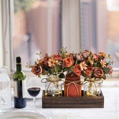 3 Pcs Mason Jar Centerpiece Decor with Wood Tray & LED Lights for Dining Room, K