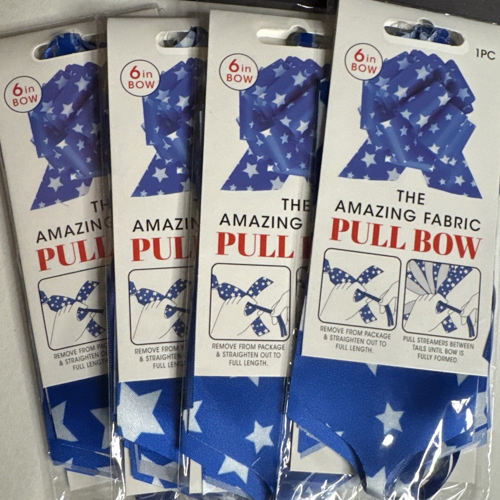 Patriotic USA 4th July Party Decor Fabric Pull Bow 6” BLUE WHITE STARS LOT of 4