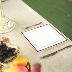 10 Plastic White 10″ Square Plates with Rose Gold Rim Disposable Party Wedding