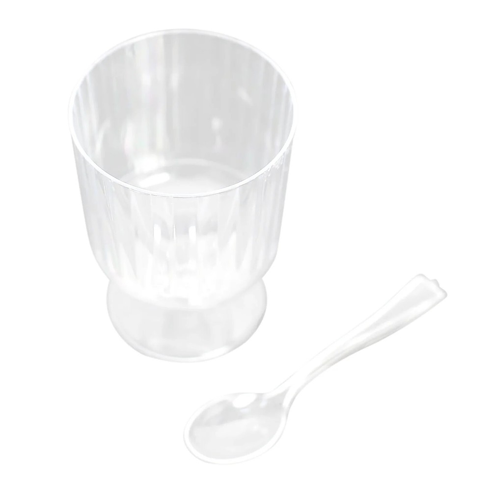 24 Clear 5 oz Ribbed Round Plastic Dessert Cups Spoons Set Party Events Supplies