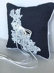 Western Wedding Blue Denim and White Lace Ring Pillow