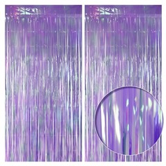 2 Pack Purple Iridescent Streamers Backdrop, 3.3×6.6ft Foil Fringe Curtains L…