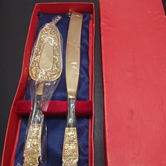 Vintage Cake Knife & Server Set, Ornate Metal Handles, Gold/Silver Glossy