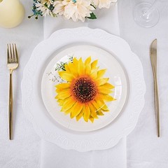 25 White 7″ Round Paper Plates with Sunflower Design – Disposable Tableware