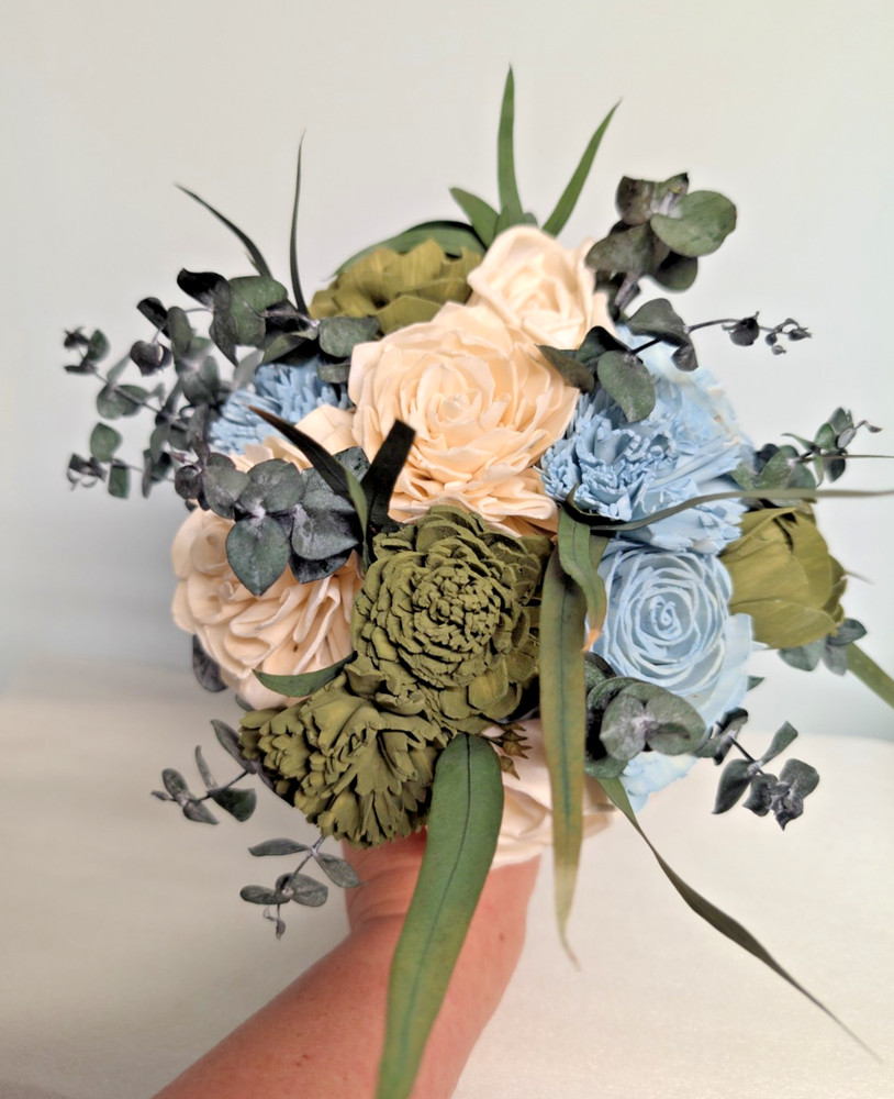 Nantucket Blue Green Cream Sola Wood Bridal Bouquet Bridesmaid Wedding Flowers