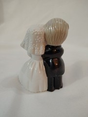Wedding cake topper Bride & Groom Black Tux White Dress Pink Flowers & Bow…
